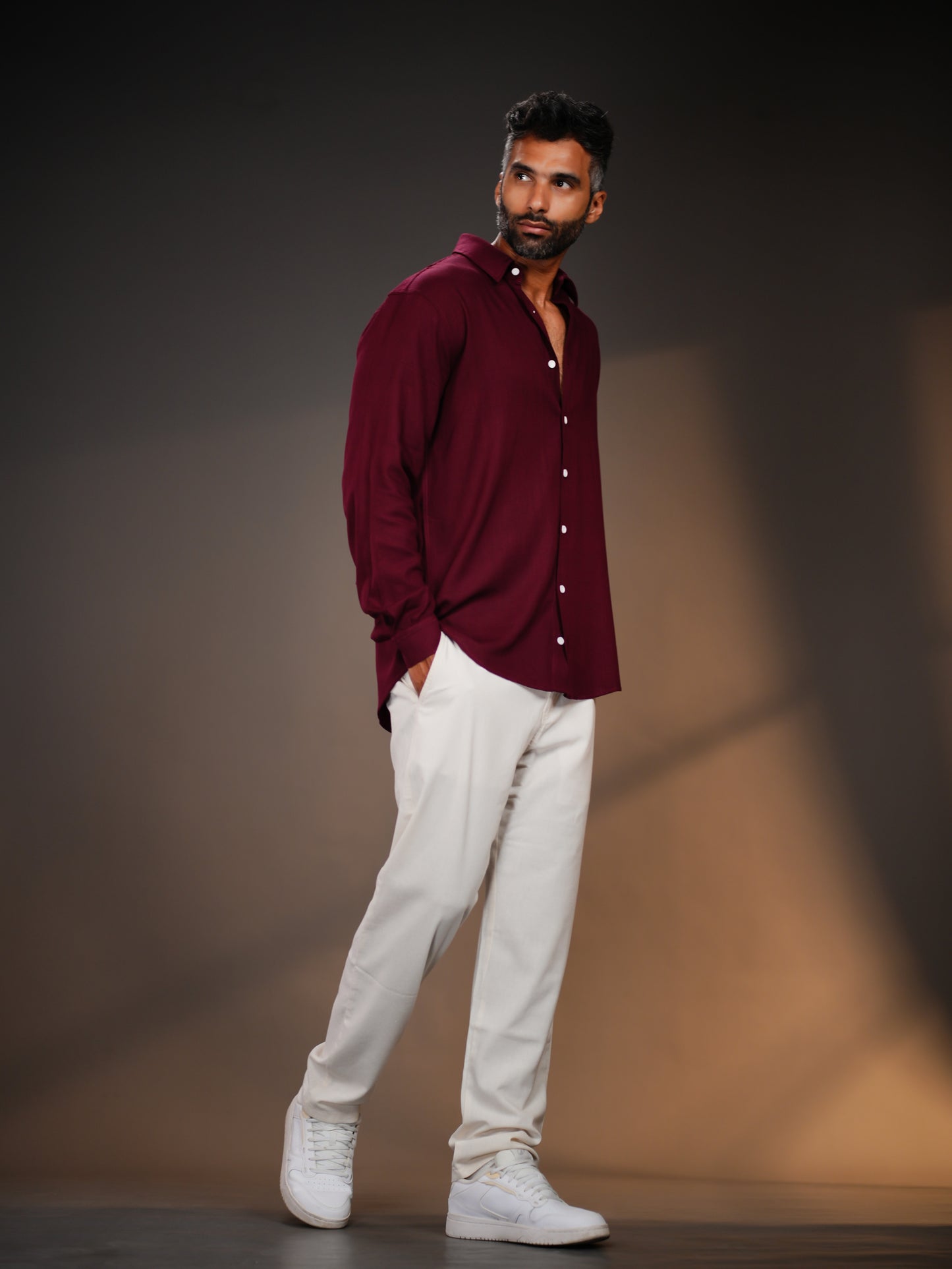 Burgundy Regular Fit Linen-Blend Shirt