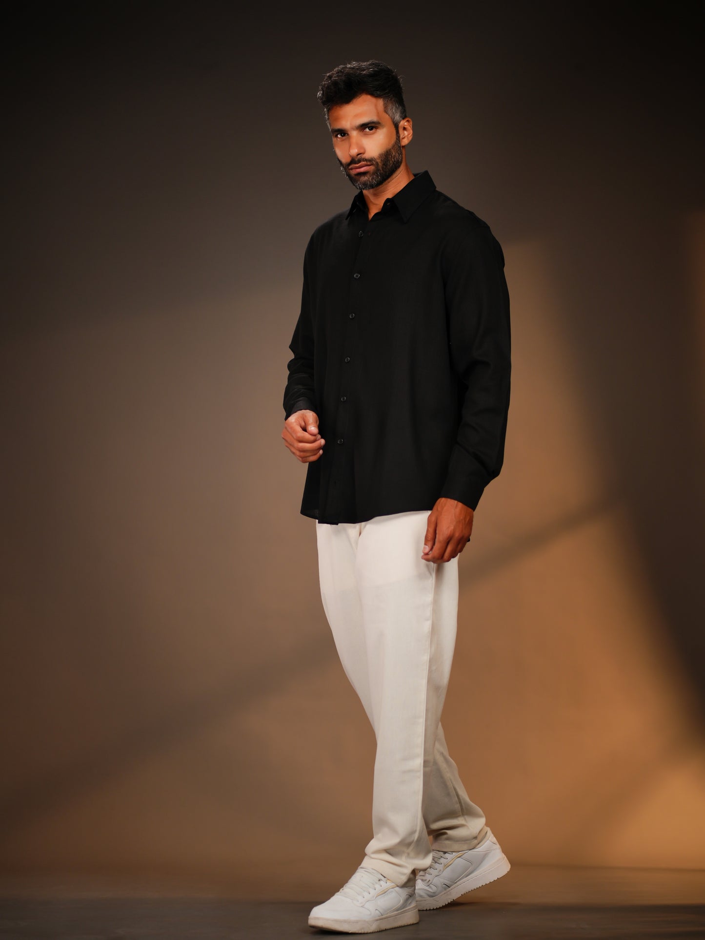 Black Regular Fit Linen-Blend Shirt