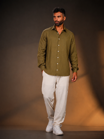 Olive Regular Fit Linen-Blend Shirt