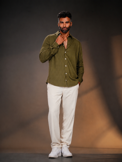 Olive Regular Fit Linen-Blend Shirt