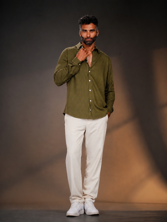 Olive Regular Fit Linen-Blend Shirt