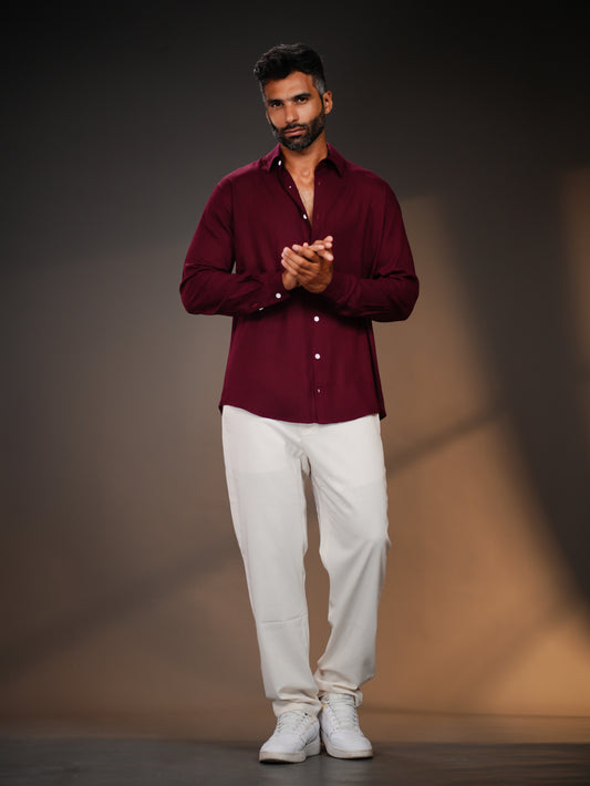 Burgundy Regular Fit Linen-Blend Shirt