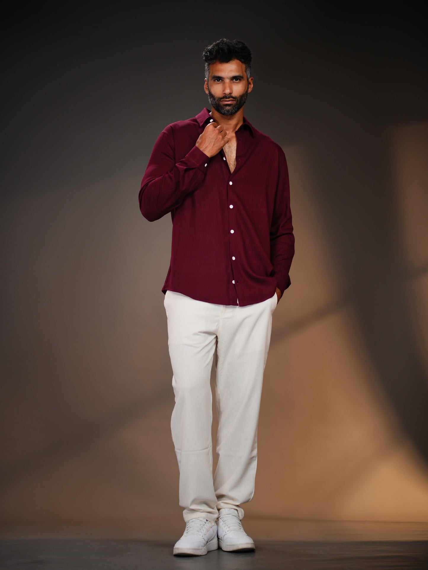 Burgundy Regular Fit Linen-Blend Shirt