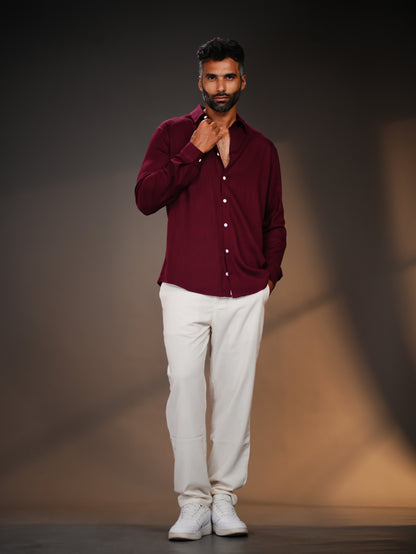 Burgundy Regular Fit Linen-Blend Shirt