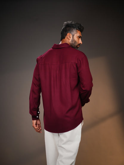 Burgundy Regular Fit Linen-Blend Shirt