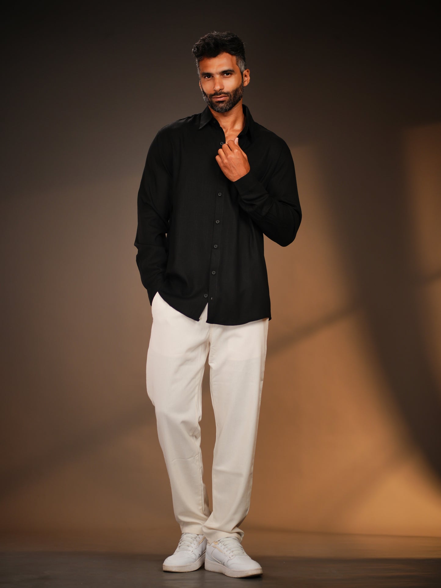 Black Regular Fit Linen-Blend Shirt