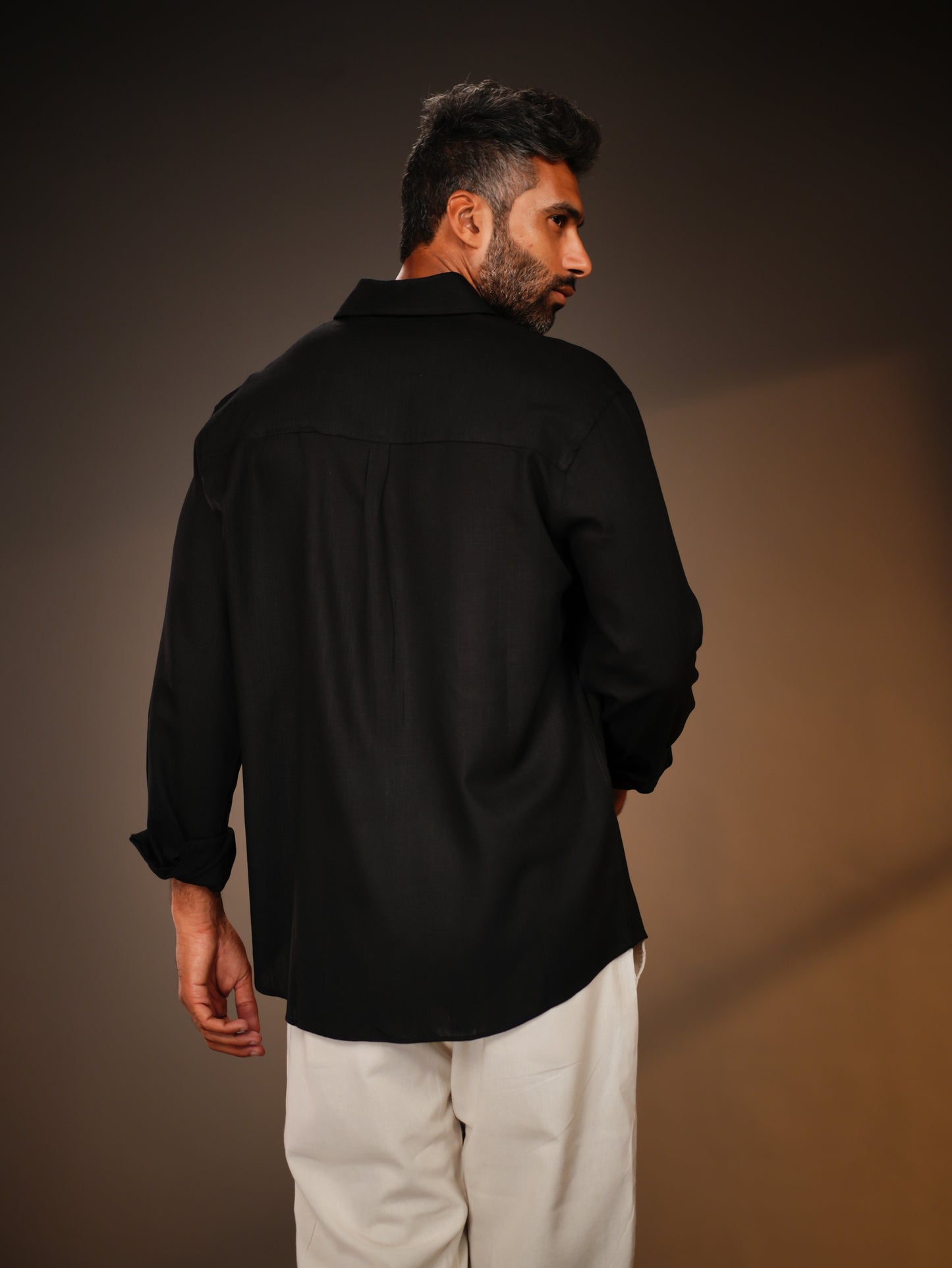 Black Regular Fit Linen-Blend Shirt